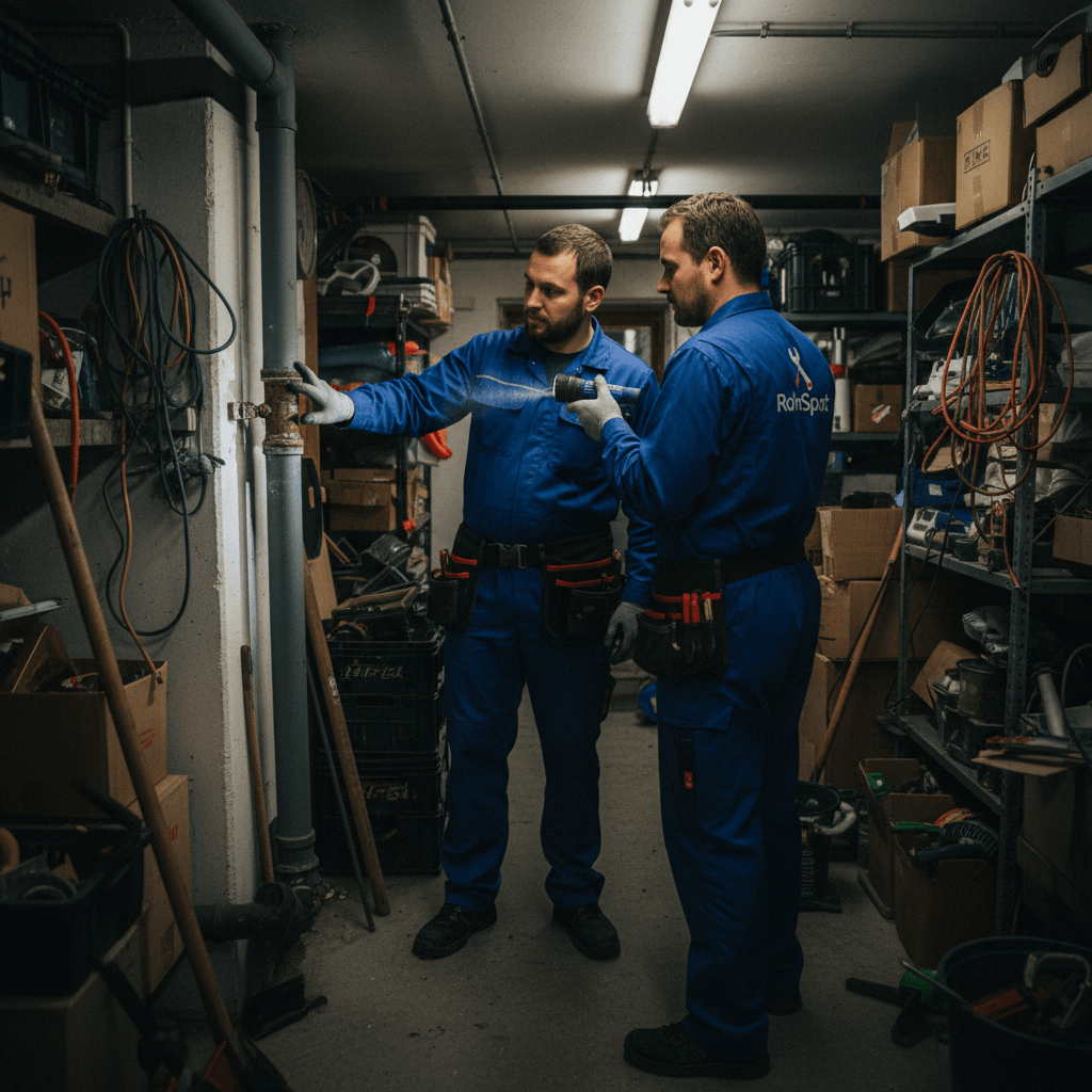 Servicefahrzeug am Straßenrand in Immenstaad am Bodensee, Techniker entlädt Hochdruckschlauch und stellt Warnkegel am Gully auf