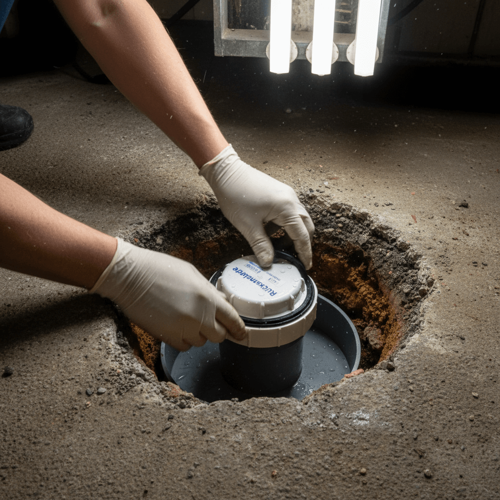 Installateur montiert eine Rückstauklappe an einer freigelegten Abwasserleitung im Keller neben einem Bodenablauf