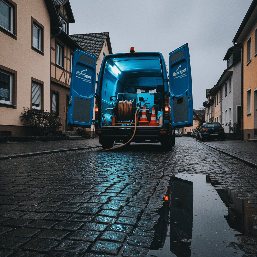 Einsatzfahrzeug mit geöffneten Staufächern, daneben ein Techniker mit Warnweste am Hausanschluss