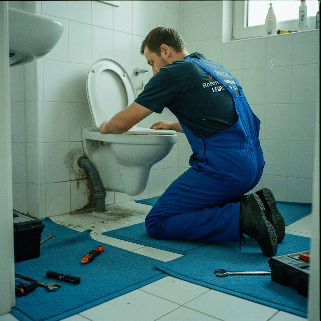 Monteur arbeitet mit Abdeckfolie und Werkzeug an einem WC, der Badezimmerboden ist geschützt